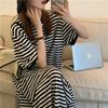 Summer Bf Korean Version Fat Sister Dress Navy Style Blue Striped Knee Long Dress Short Sleeve Large Size Women's T-shirt Skirt