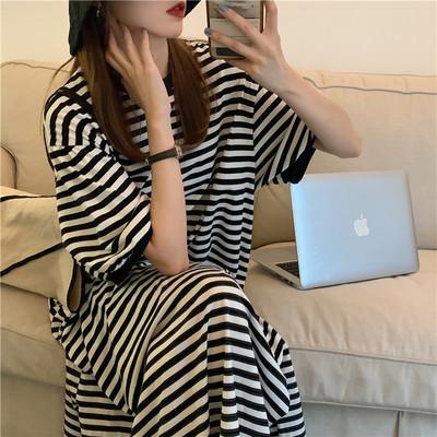 Summer Bf Korean Version Fat Sister Dress Navy Style Blue Striped Knee Long Dress Short Sleeve Large Size Women's T-shirt Skirt
