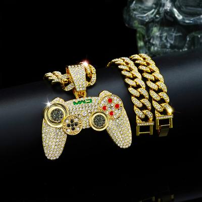 Stylish Gold Game Controller Pendant Necklace with Colored Gemstones - Men's Hip Hop Inspired Cuban Chain, Perfect for Music Festivals, EDM and More