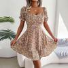 Women's Summer Floral Dress Square Collar Short Sleeve Lace Up Elegant Spring Outfit Sizes S-XL
