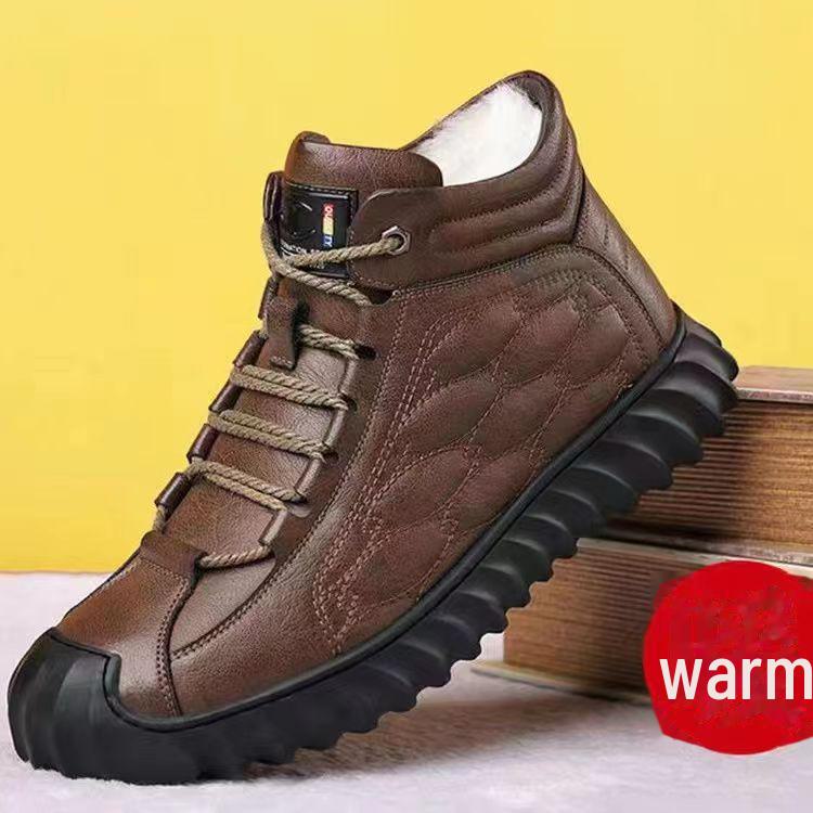 

Мужские зимние высокие кожаные ботинки с шерстяной подкладкой, новый стиль — повседневные, модные и теплые зимние ботинки. 39 коричневый