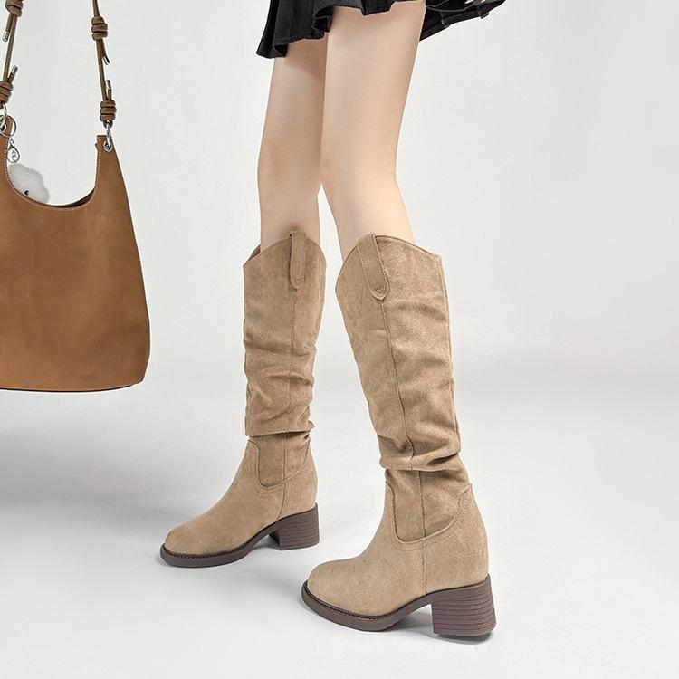 Height-increasing thick heel long tube stacking boots new spring round head thin shoes women's shoes versatile tall knight boots women