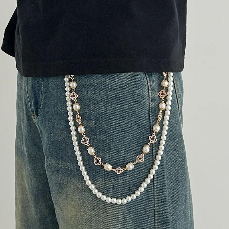 SHIXIN Tendenza Pantaloni Stratificati con Perle Finte Catena per Vita Uomo Donna Versatile Fiore di Strass Catena per Jeans Borsa Ciondolo Accessori