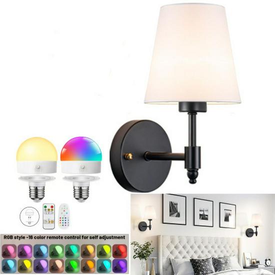 American-Style Wireless RGB Wall Lamp with Remote Control and Fabric Shade for Bedside, Living Room, or Stairwell