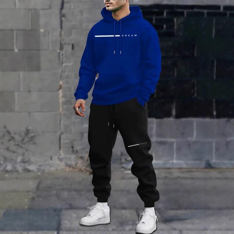 Mens Oversized Hooded Sweatshirt Set With Letter Print Fleece-Lined Warm Casual Tracksuit Winter