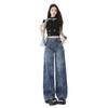 Flower blue jacquard jeans women's summer and autumn new design loose wide-leg pants retro straight pants