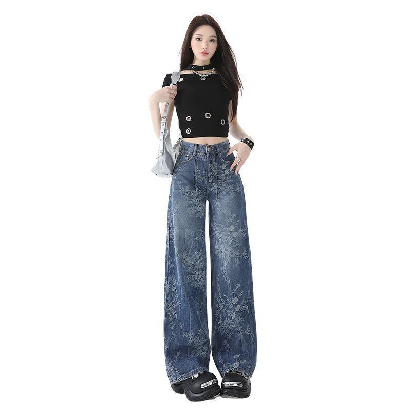 Flower blue jacquard jeans women's summer and autumn new design loose wide-leg pants retro straight pants