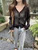 Temperament V-neck atmosphere summer thin ins bamboo hemp sunscreen jacket long-sleeved knitted top women's cardigan