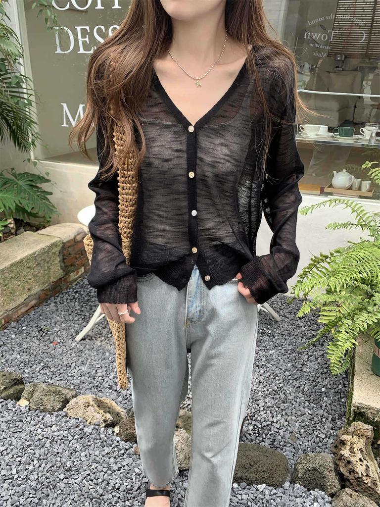 Temperament V-neck atmosphere summer thin ins bamboo hemp sunscreen jacket long-sleeved knitted top women's cardigan