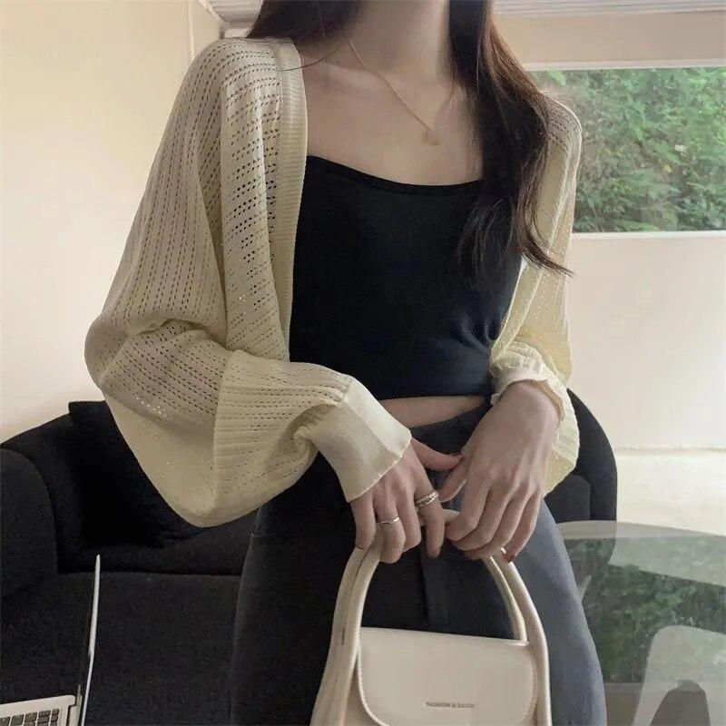 Lantern Sleeve Knit Cardigan Crochet Hollow Loose Women's Long Sleeve Thin Coat NewFashion Simple Casual Commuting Spring Autumn