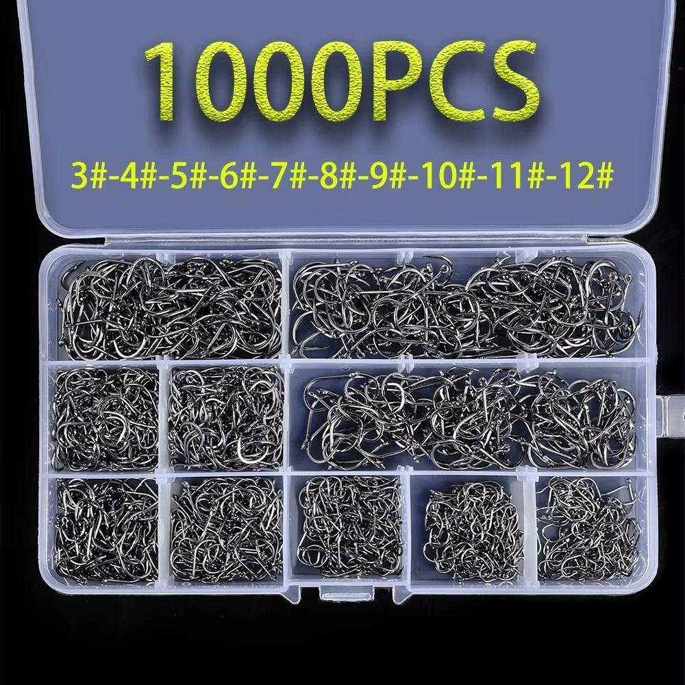 1000Pcs Size 3-12 Fishing Fixed Hooks Durable Barbed Fishing Hooks  for Saltwater Freshwater