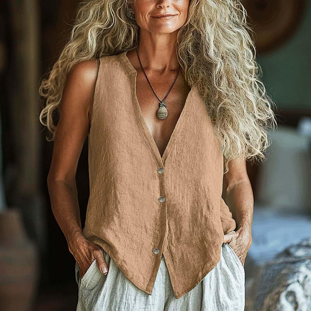 Women's Fashionable Sleeveless Solid Color V Neck  Casual Loose Vest Top