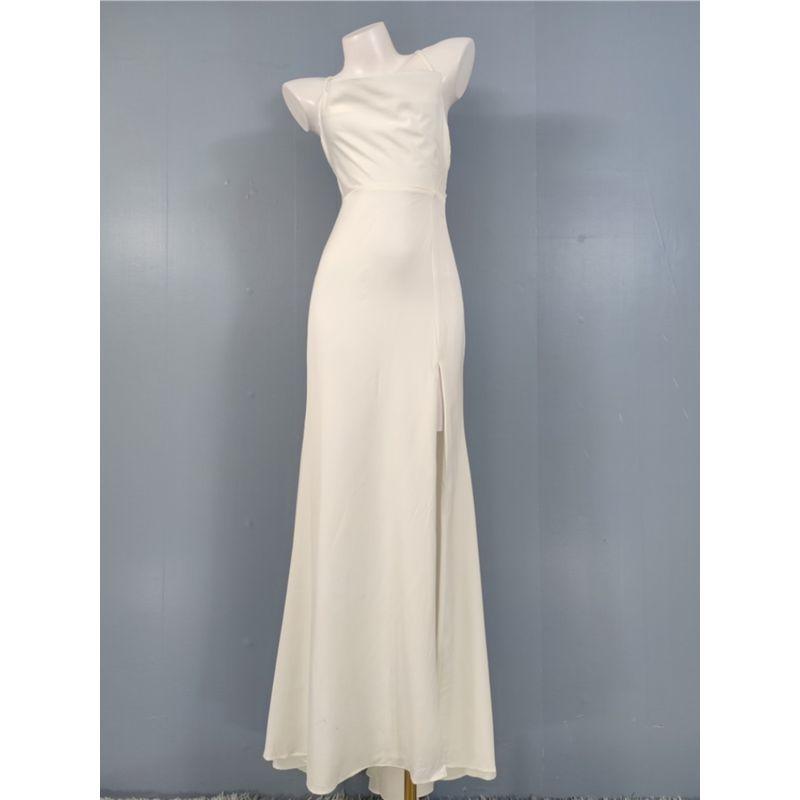 Export Single New Spaghetti Straps Slimming Satin Simple Lightweight Wedding Dress Dress Skirt White Long Style Pile Collar Dress Women