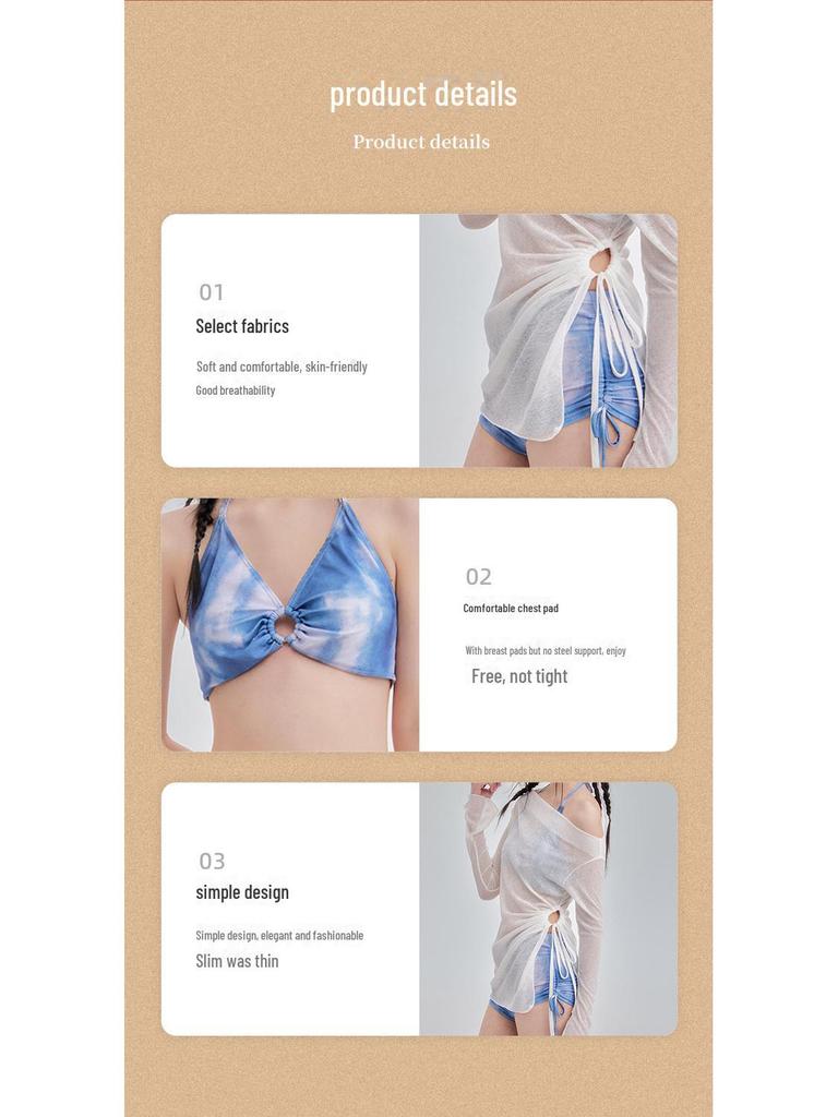 Damski trzyczęściowy zestaw kąpielowy: Bluzka z nadrukiem, Denim, Zakrywająca brzuch dla wyszczuplającego wyglądu, Konserwatywny styl gorących źródeł, Mały biust, Czysta elegancja.