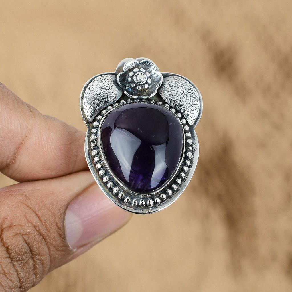 925 Sterling Silver Natural African Amethyst Flower Promise Sister Ring Jewelry