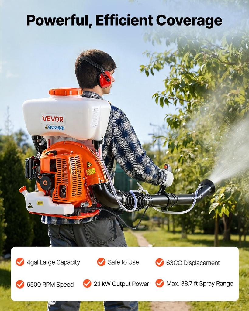 Backpack Fogger Sprayer, 63CC 3HP Engine, Gas Powered Fogger Sprayer with 16L Tank, Powder and Liquid Mister Duster System for Effective Fleas Ticks