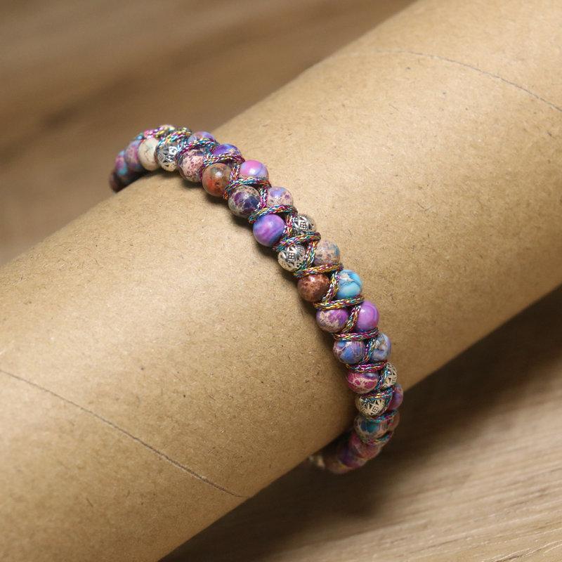 Purple Imperial Jasper Beaded Bracelet – Silver Accent Woven Boho Jewelry, Adjustable Colorful Healing Gift for Women