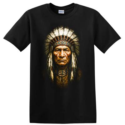 Native American Chief Portrait T Shirt Warrior Feather Headdress Tribal Tee