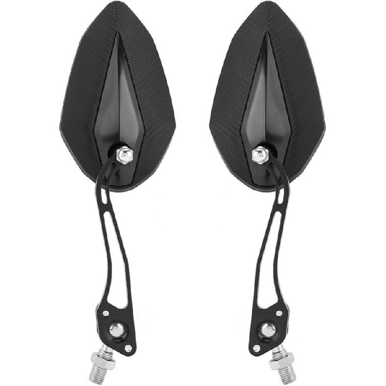 Pair of Motorcycle Mirrors, Black Aluminum Adjustable Stalk, Universal Mount for 8mm or 10mm Handlebar, for Scooters and Bikes