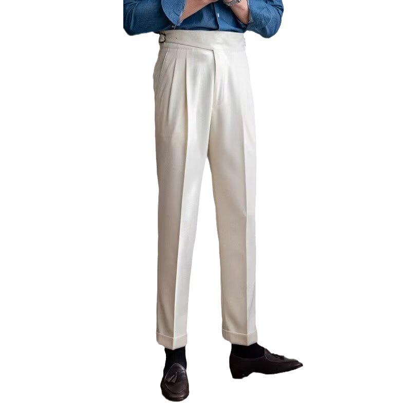 "Men's White Naples Suit Trousers - Spring/Autumn, Nine-Point, Paris Buckle, Italian Style"