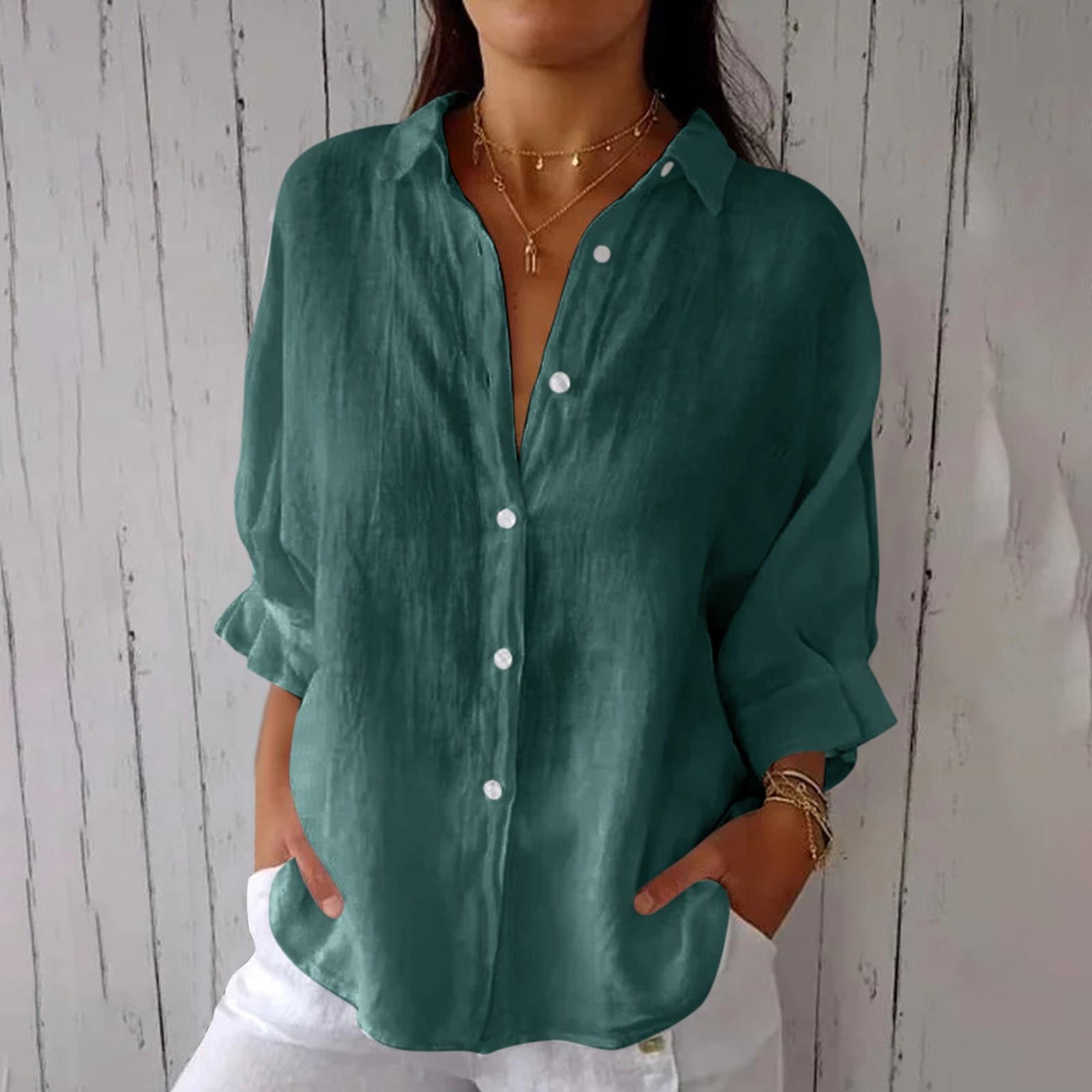 

Женская модная однотонная повседневная кружевная рубашка с рукавами 3/4 и отворотами сзади XXL зелёный