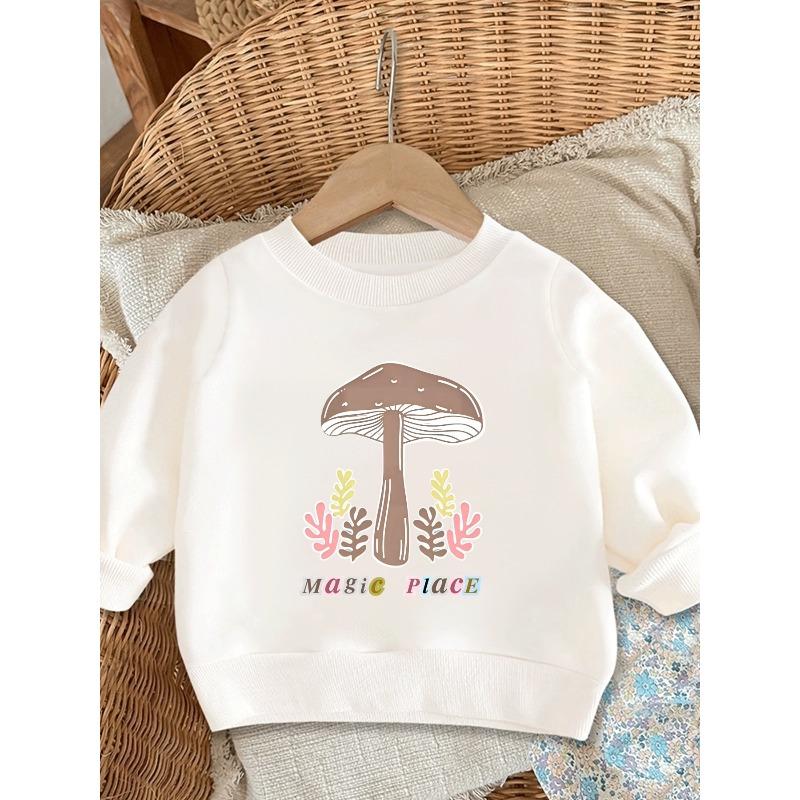 European sizes Cute Mushroom Print Kids' Spring Lightweight Round Neck Sweatshirt, Comfortable Outdoor Wear Choice for 0-3 Years Old