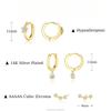 18k Gold Plated Brass Hoop & Stud & Dangle Earrings Set for Women,Zircon Flower Three Stone Pendant