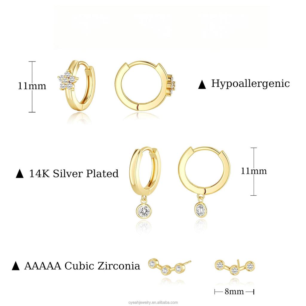 18k Gold Plated Brass Hoop & Stud & Dangle Earrings Set for Women,Zircon Flower Three Stone Pendant