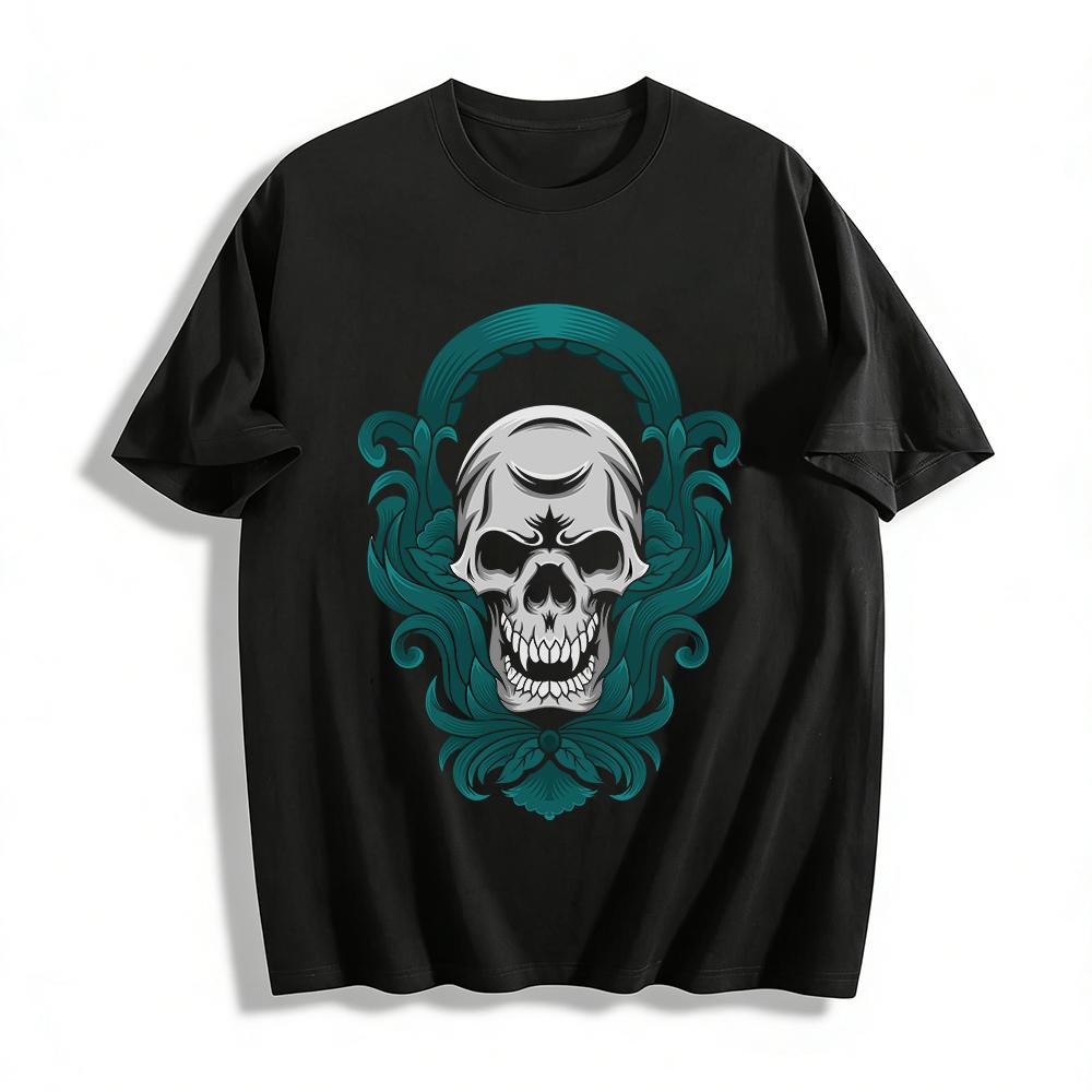 Gothic Skull Vine Print Trendy Cool Casual Crewneck Top Pure cotton T-shirt XXS