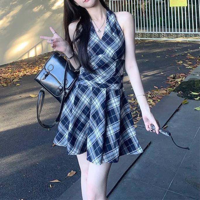 French v-neck neck plaid dress women's summer new temperament slim fit small man short