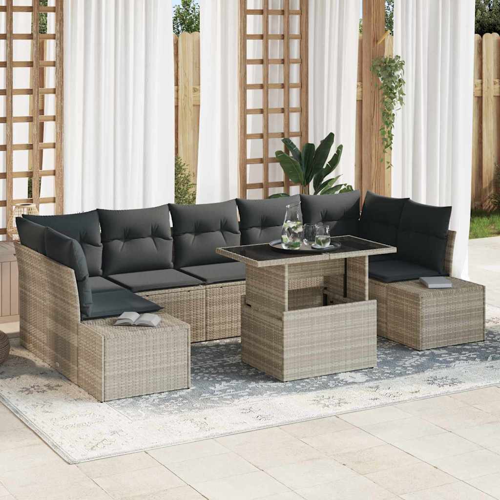 8 Piece Sofa Set with Cushions Light Grey Poly Rattan