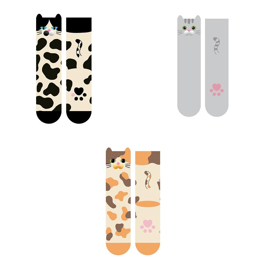 Cute Cat Print Crew Socks Playful 3D Pom Pom Mid Tube Socks Stylish Leopard Pattern Casual Hosiery Soft Breathable Female Socks