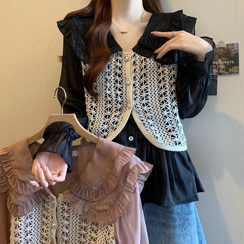 

2024 Spring Plus-Size Women s Doll Collar Vest Spliced Shirt 3XL