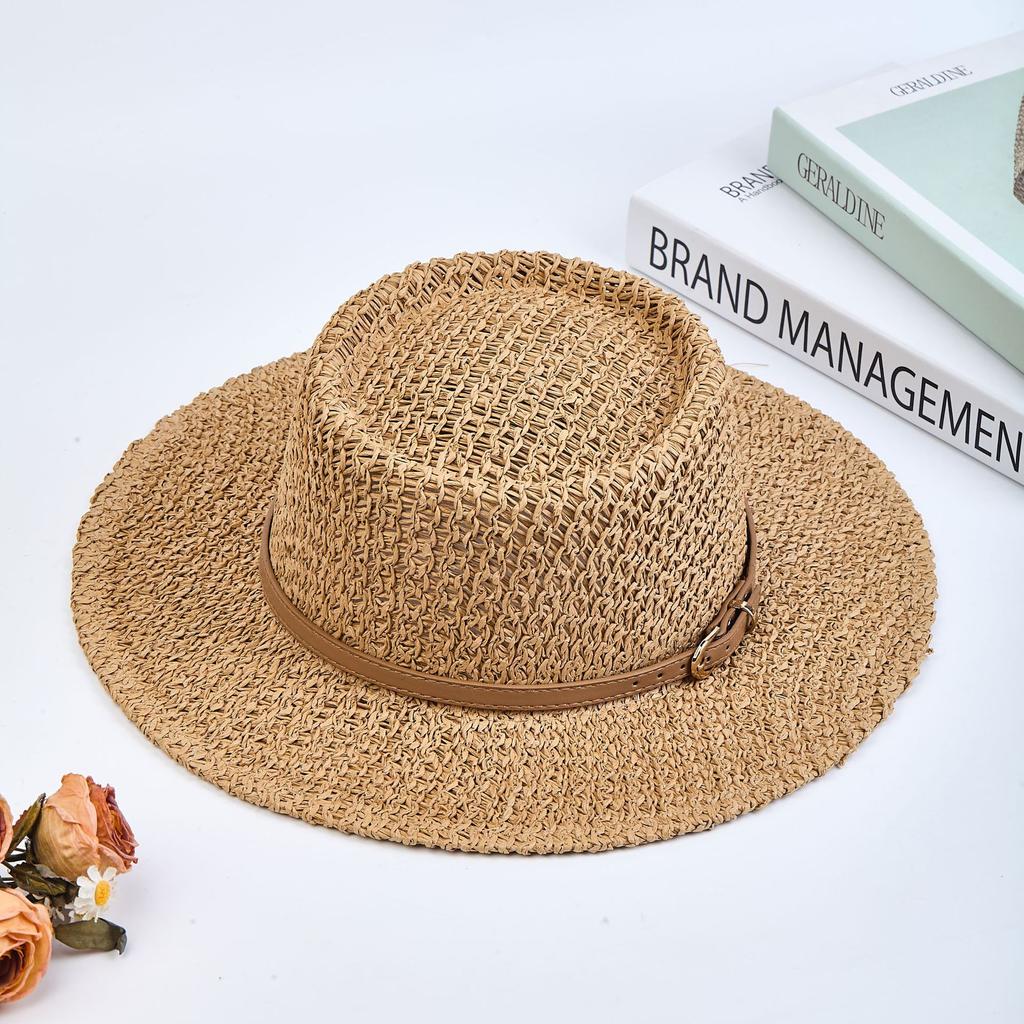 British Retro Travel Flat-top Straw Hat Cut Out Sun Protection Woven Seaside Vacation Beach Hat Top Hat