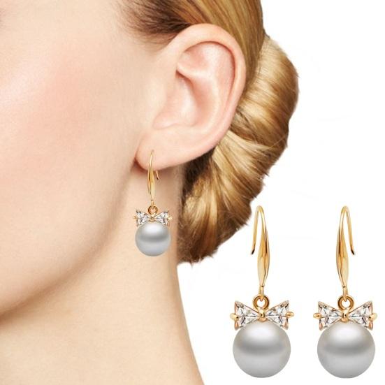 1 Pair Women Hook Earrings Faux Pearl Rhinestone Decor Short Bow Earrings Prom Party Wedding Dangle Earrings Ear Jewelry Drop Earrings