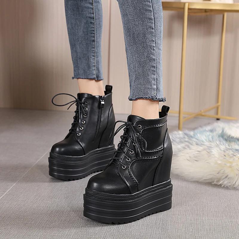 Fashion 14CM Spring Platform Shoes Autumn Harajuku Gothic Punk Black Shoes High Sole Lolita Wedges Pumps Women Lace Up Soft Leather