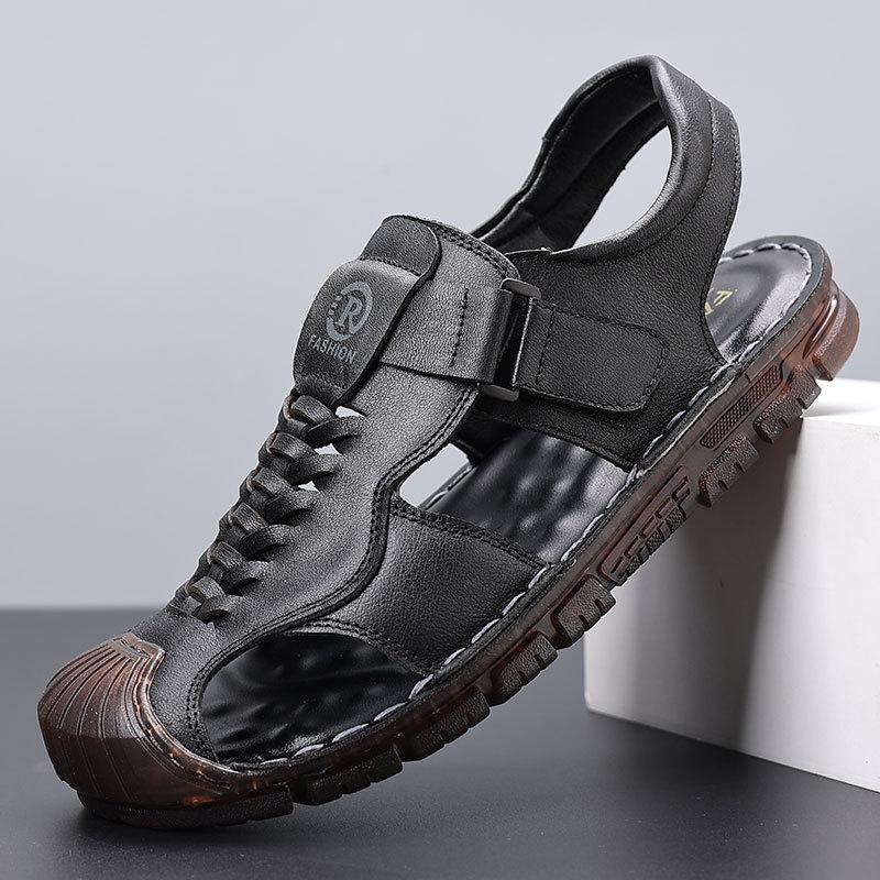 First layer cowhide sandals men's bag head summer wear casual beach shoes men's non-slip soft-soled hollow men's slippers