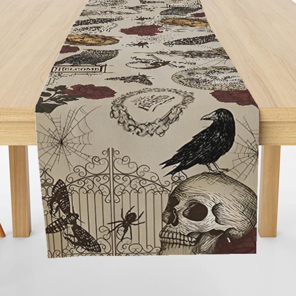 Festive Reindeer Pine Printed Table Runner Heatproof Linen Fabric Tablecloth for Home Decoration