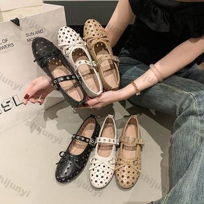 Damenschuhe 2025 Frühling Neu Metall Dekoration Schnalle Riemen Weiche Sohle Mary Jane Schuhe Atmungsaktiv Rutschfest Hohl Schleife Ballerinas
