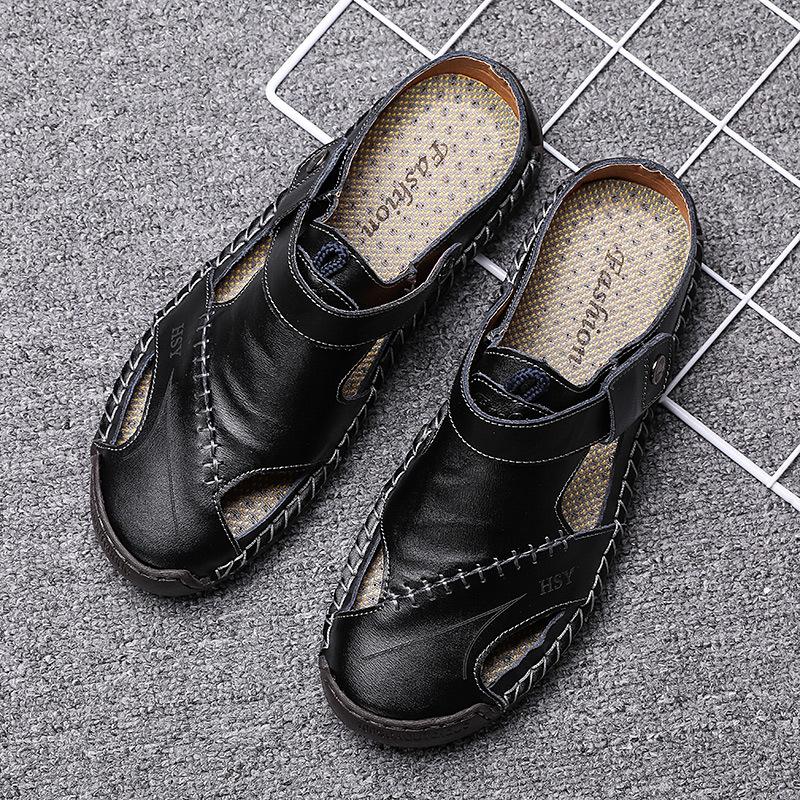 Fashion New Men's Leather Sandals Summer Cowhide Convertible Toe Post Sports Casual Slide Sandals Handmade Breathable Fashion Footwear