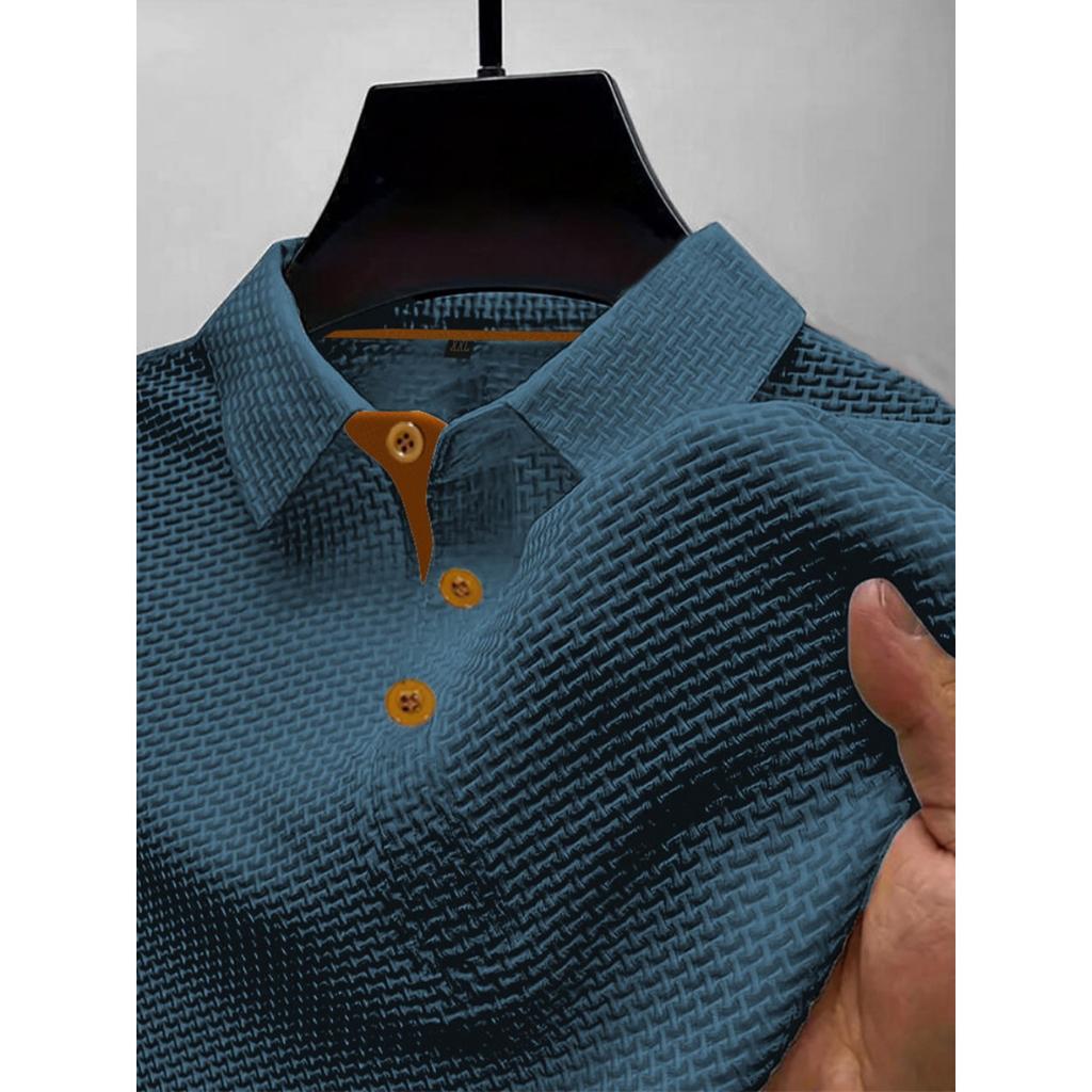 Men's Summer Ice Silk Fiber Short Sleeve T-shirt - Breathable Striped Casual Top with Classic Collar and Button Details