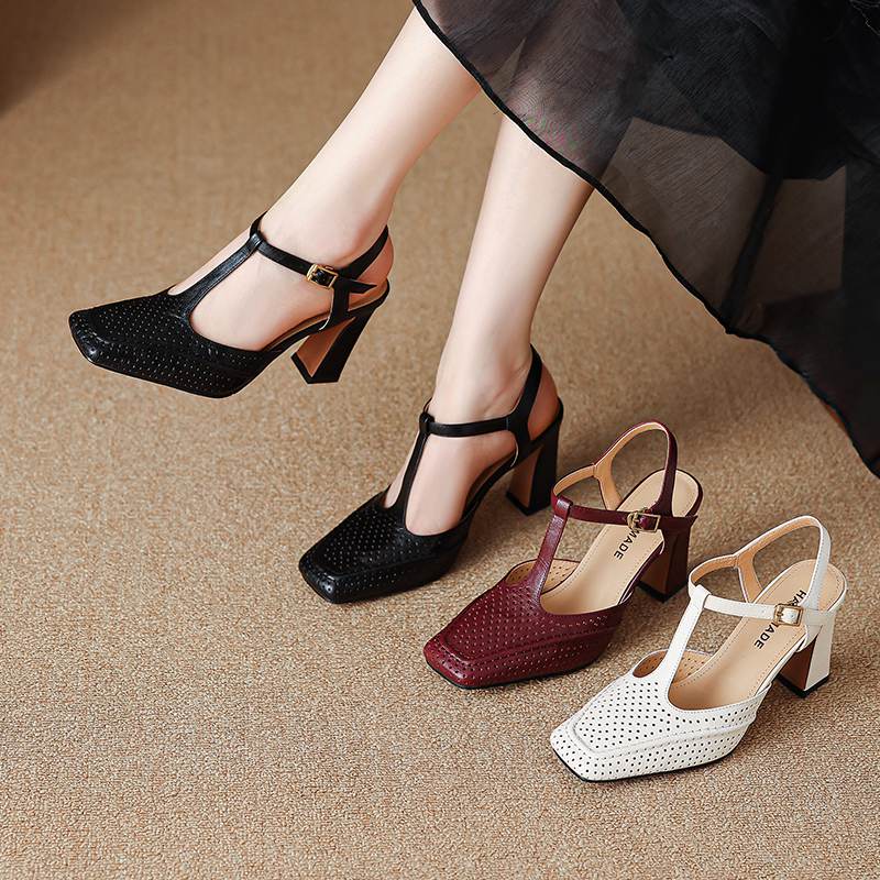 Krazing Pot Sheepskin Square Toe Size 41 High Heels Hollow Out Decoration Super High Heels Breathable Autumn Pumps