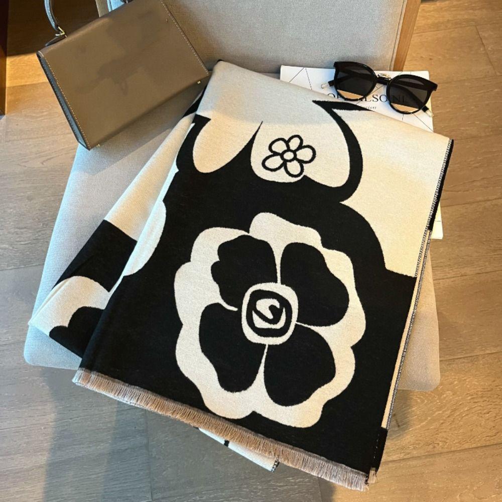 Black White Winter Cashmere Scarves Flower Large Wool Shawl Simple Printed Scarf  Male
