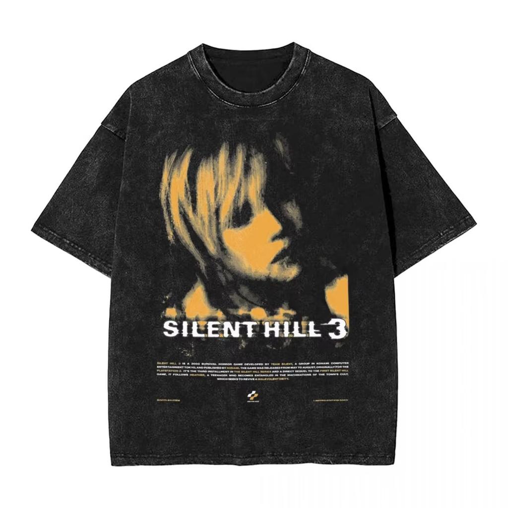 Washed T Shirts Horror Silent Hill Heavens Night T-Shirt Street Streetwear Short Sleeve Printed Tops Tees Men Women