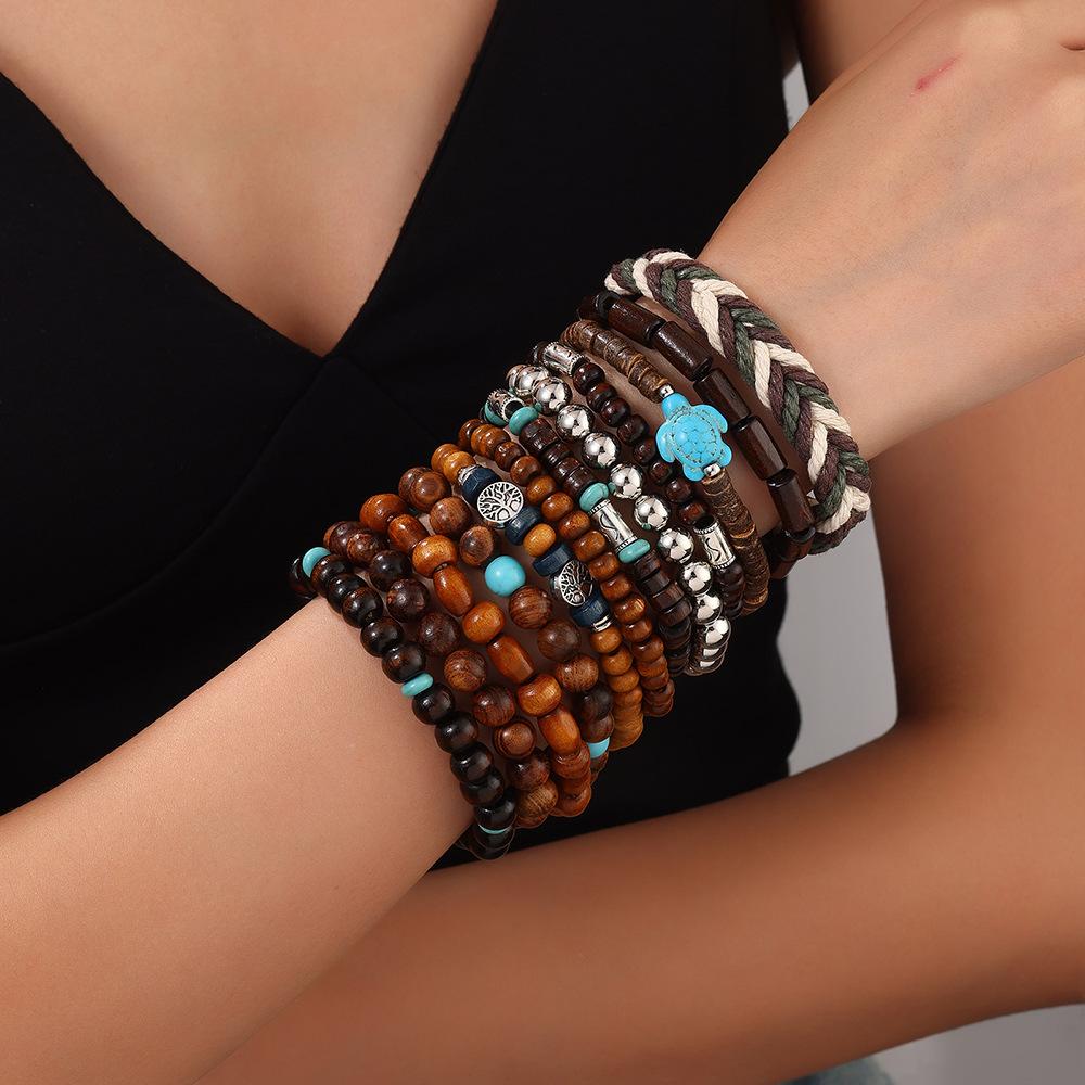 Handmade beaded volcanic stone turquoise bracelet men's retro multi-layer elastic stacked wooden bead coconut shell bracelet non-fading