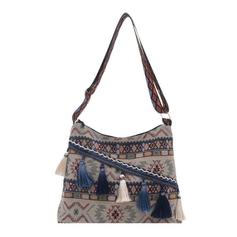 Traditional Chinese Style Tote Bag With Embroidery And Tassels For Daily Use