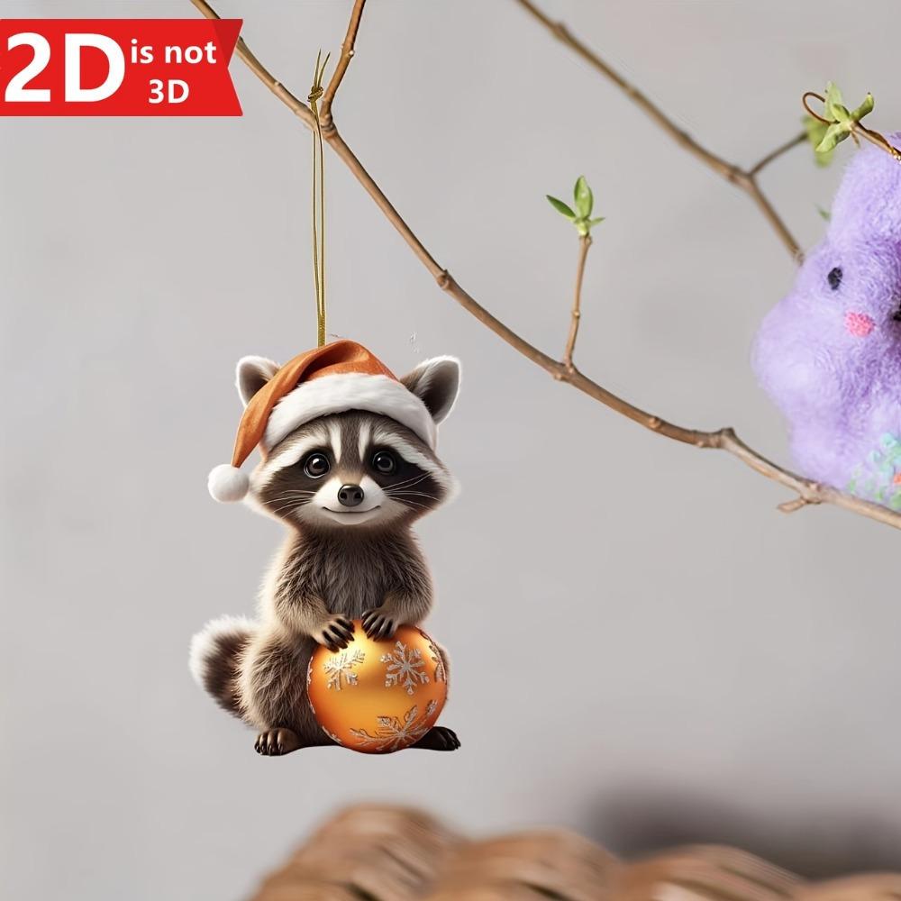 2D Christmas Raccoon Pendant with Hat for Bags and Car Interiors. A Uniquely Charming Festive Decor.