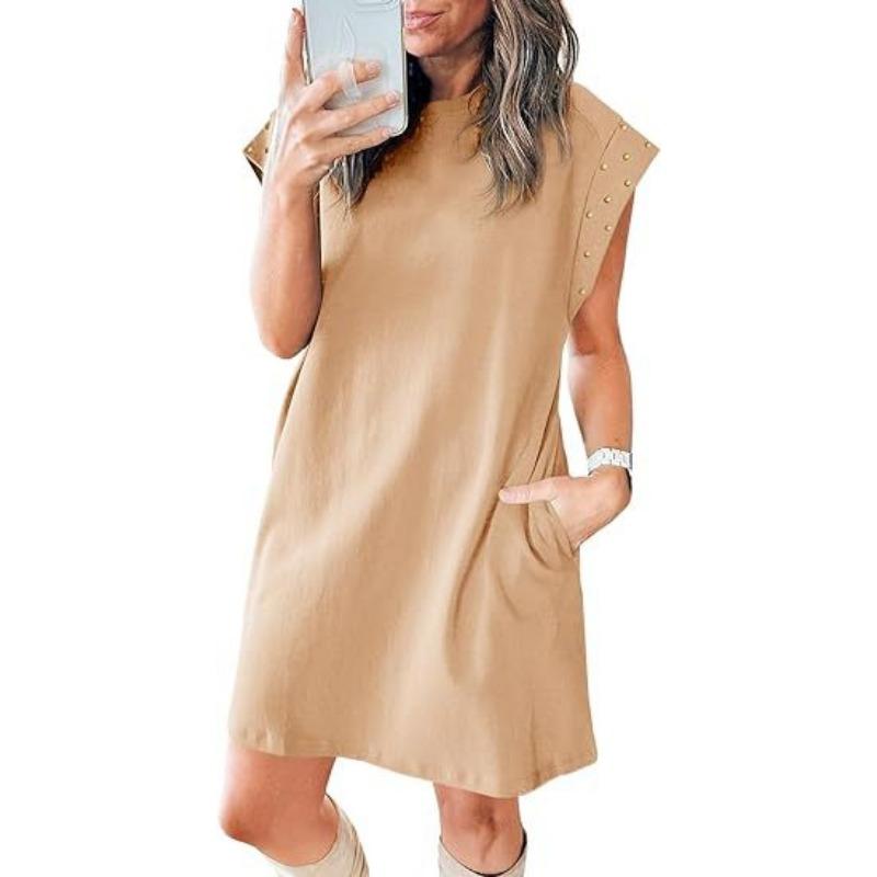 

YYFS Женская мода лето весна однотонный принт без рукавов О-образный вырез свободная талия повседневные платья XXL хаки