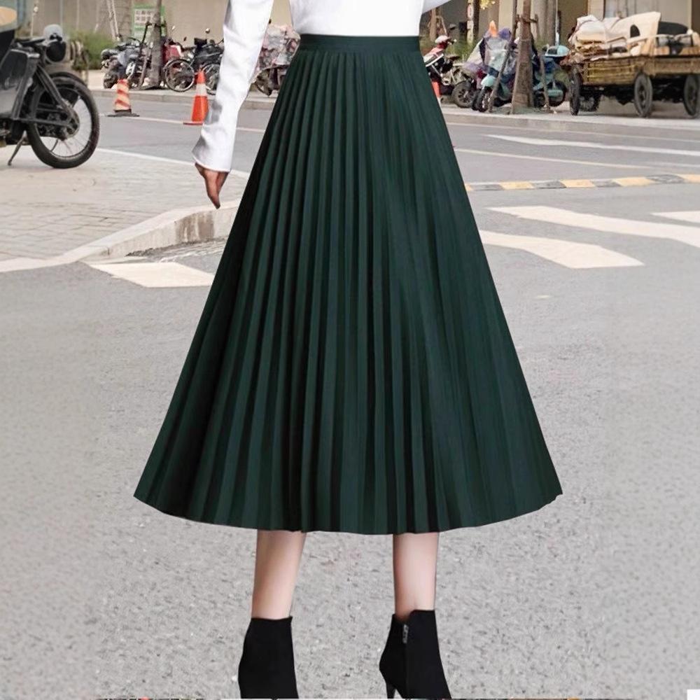 Pleated Midi Skirt, Wool-blend, Thick and Flowing, Solid Color Slimming A-line Silhouette