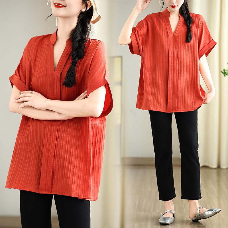 DIMANAF 2025 Summer Plus Size Short Sleeve T-Shirt V-Neck Women Solid Loose Basic Tops Tees Maxi